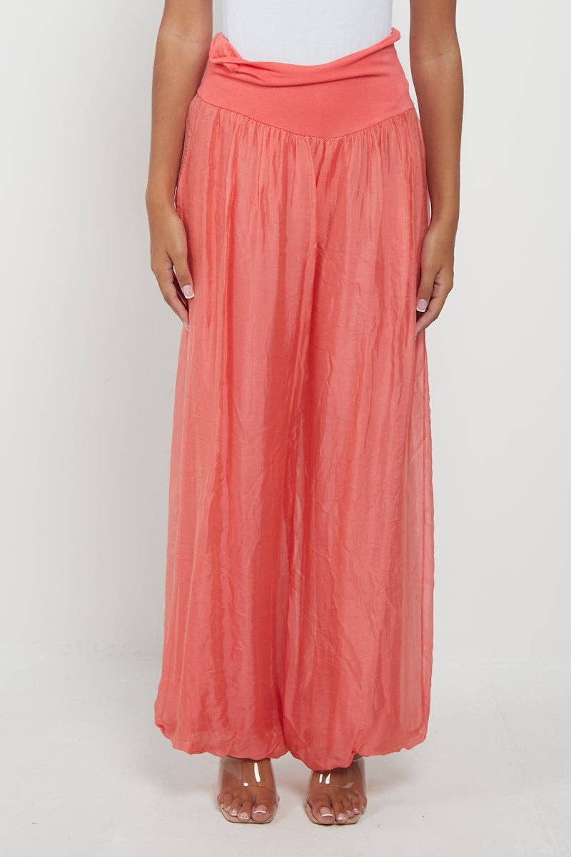 Italian Ladies Plain Wide Leg Silk Palazzo Trouser: Beige / One Size (UK 10-16) - Image 10