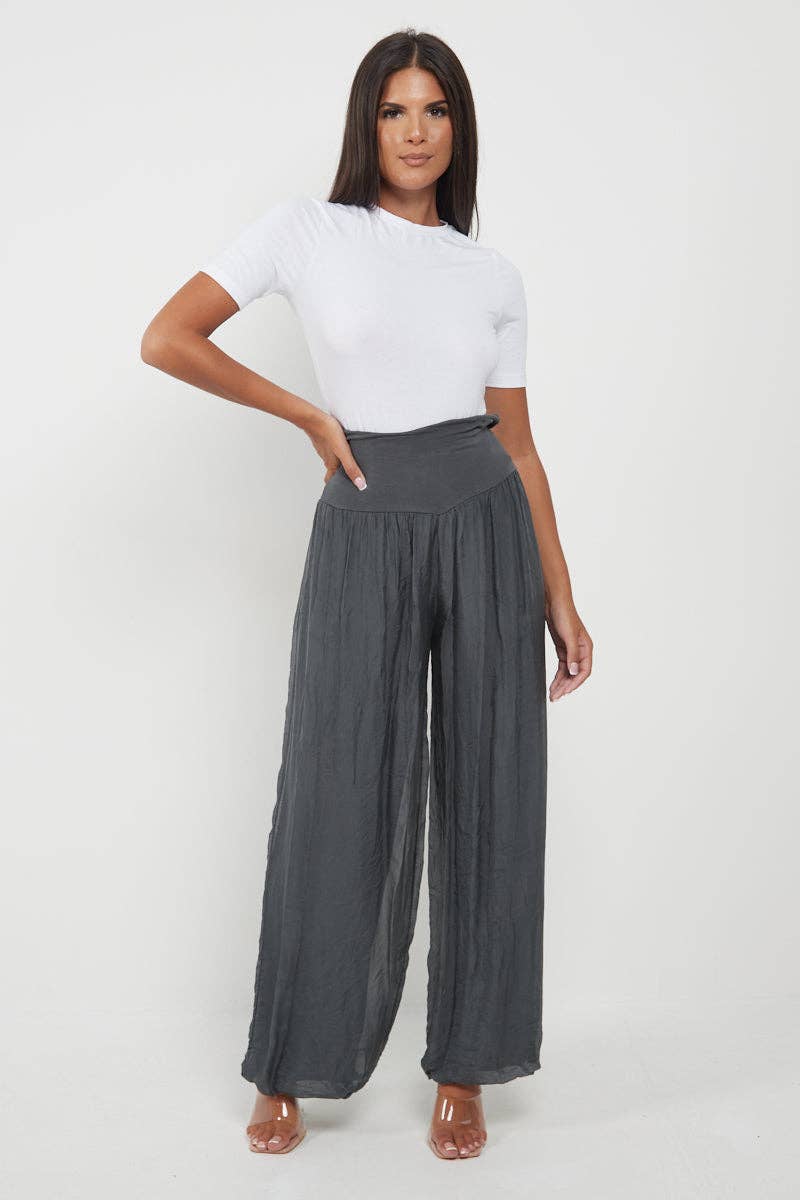 Italian Ladies Plain Wide Leg Silk Palazzo Trouser: Beige / One Size (UK 10-16) - Image 11