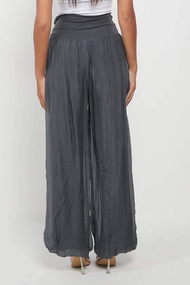 Italian Ladies Plain Wide Leg Silk Palazzo Trouser: Beige / One Size (UK 10-16) - Image 13