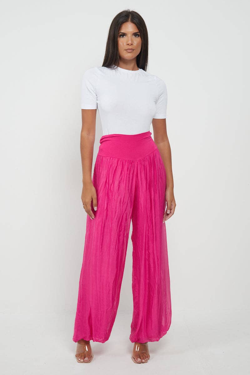 Italian Ladies Plain Wide Leg Silk Palazzo Trouser: Beige / One Size (UK 10-16) - Image 16