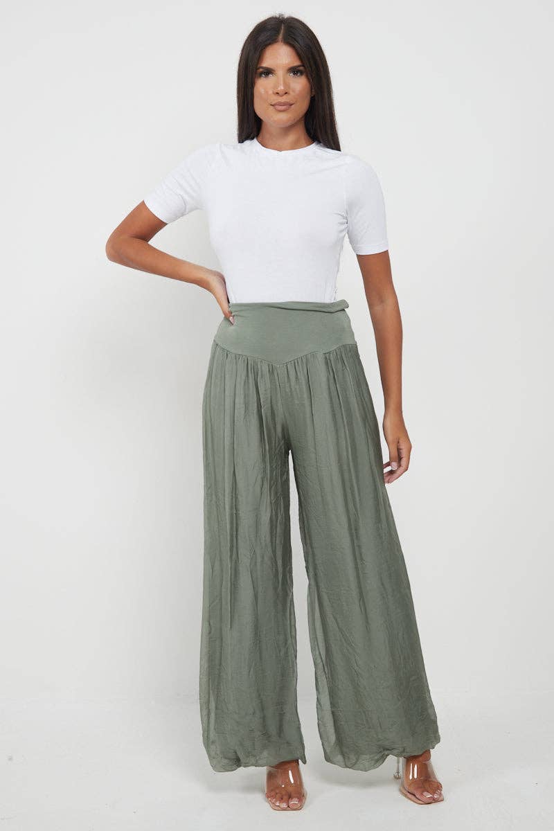 Italian Ladies Plain Wide Leg Silk Palazzo Trouser: Beige / One Size (UK 10-16) - Image 19