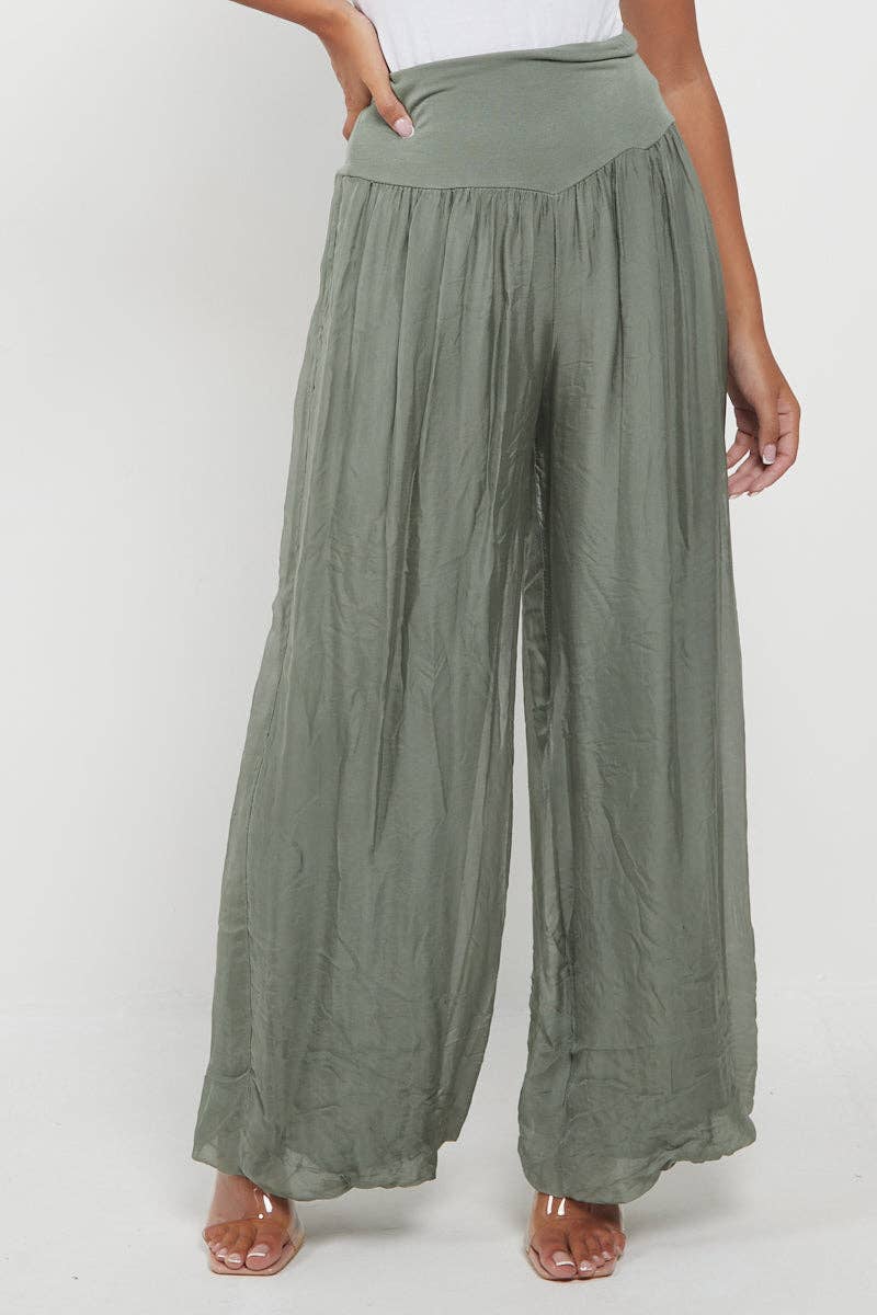 Italian Ladies Plain Wide Leg Silk Palazzo Trouser: Beige / One Size (UK 10-16) - Image 20