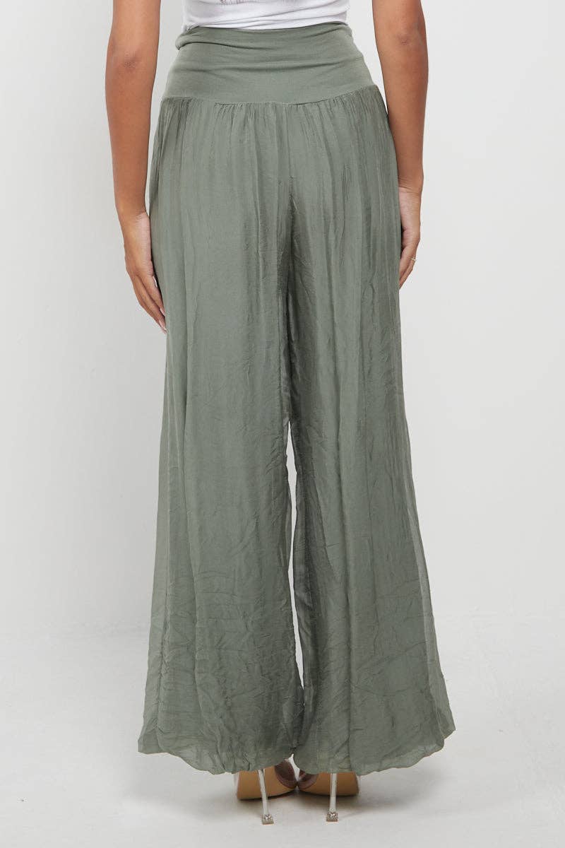 Italian Ladies Plain Wide Leg Silk Palazzo Trouser: Beige / One Size (UK 10-16) - Image 21