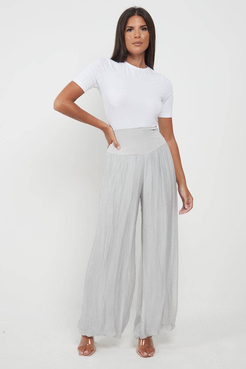 Italian Ladies Plain Wide Leg Silk Palazzo Trouser: Beige / One Size (UK 10-16) - Image 22