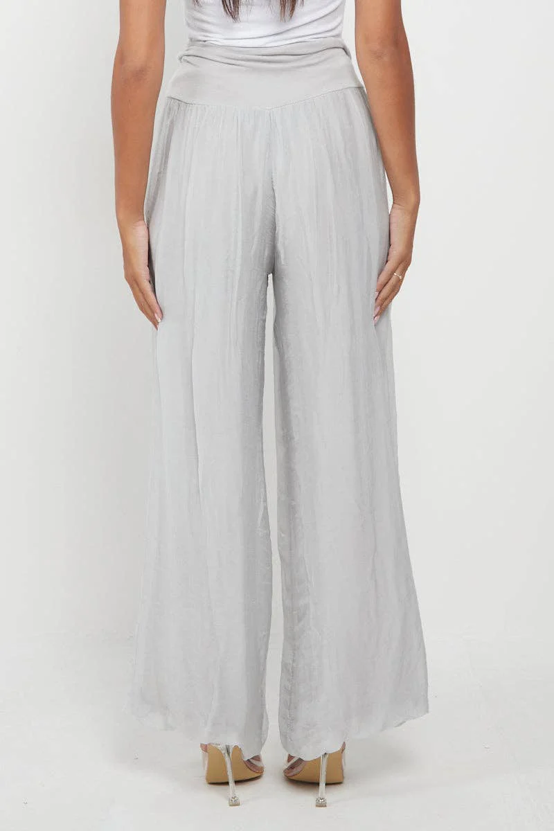 Italian Ladies Plain Wide Leg Silk Palazzo Trouser: Beige / One Size (UK 10-16) - Image 24