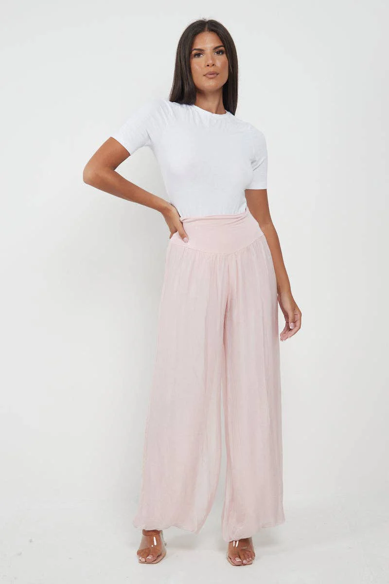 Italian Ladies Plain Wide Leg Silk Palazzo Trouser: Beige / One Size (UK 10-16) - Image 25