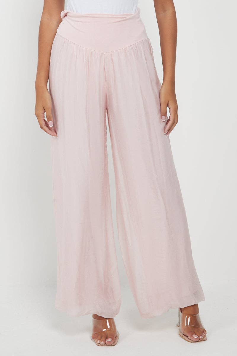 Italian Ladies Plain Wide Leg Silk Palazzo Trouser: Beige / One Size (UK 10-16) - Image 26