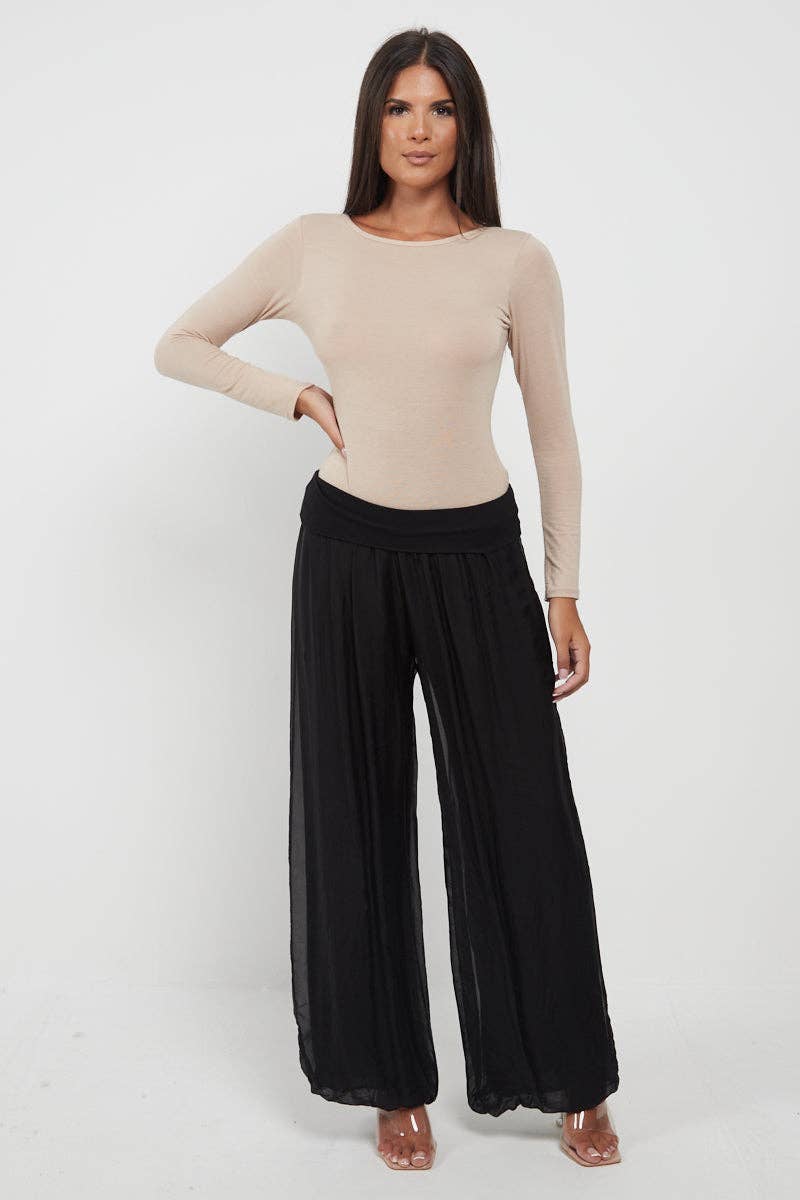 Italian Ladies Plain Wide Leg Silk Palazzo Trouser: Beige / One Size (UK 10-16) - Image 4