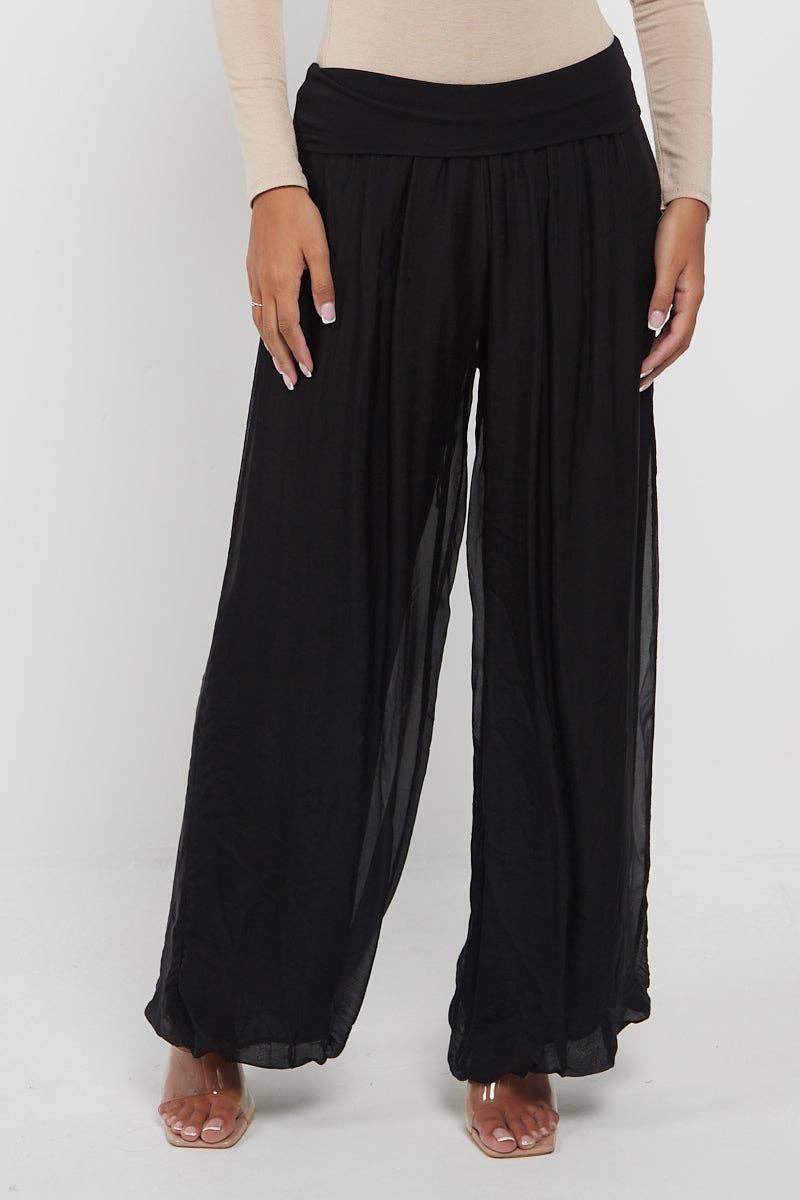 Italian Ladies Plain Wide Leg Silk Palazzo Trouser: Beige / One Size (UK 10-16) - Image 5