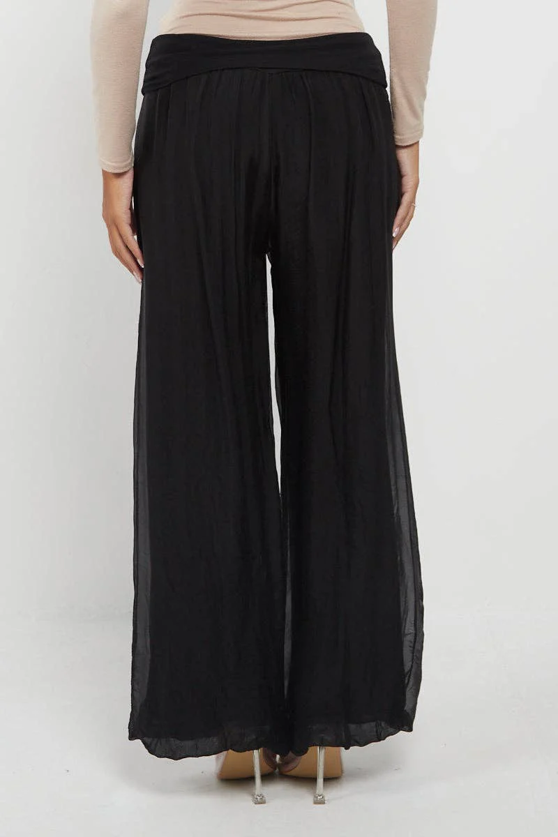 Italian Ladies Plain Wide Leg Silk Palazzo Trouser: Beige / One Size (UK 10-16) - Image 6