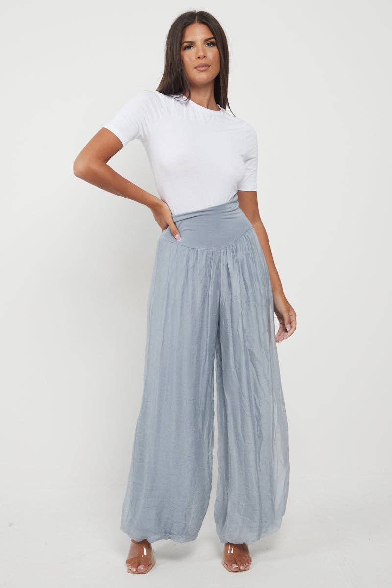 Italian Ladies Plain Wide Leg Silk Palazzo Trouser: Beige / One Size (UK 10-16) - Image 7