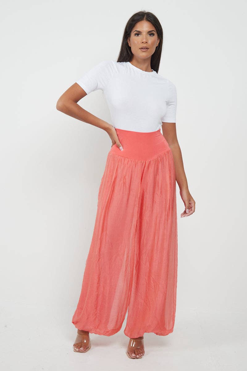 Italian Ladies Plain Wide Leg Silk Palazzo Trouser: Beige / One Size (UK 10-16) - Image 8