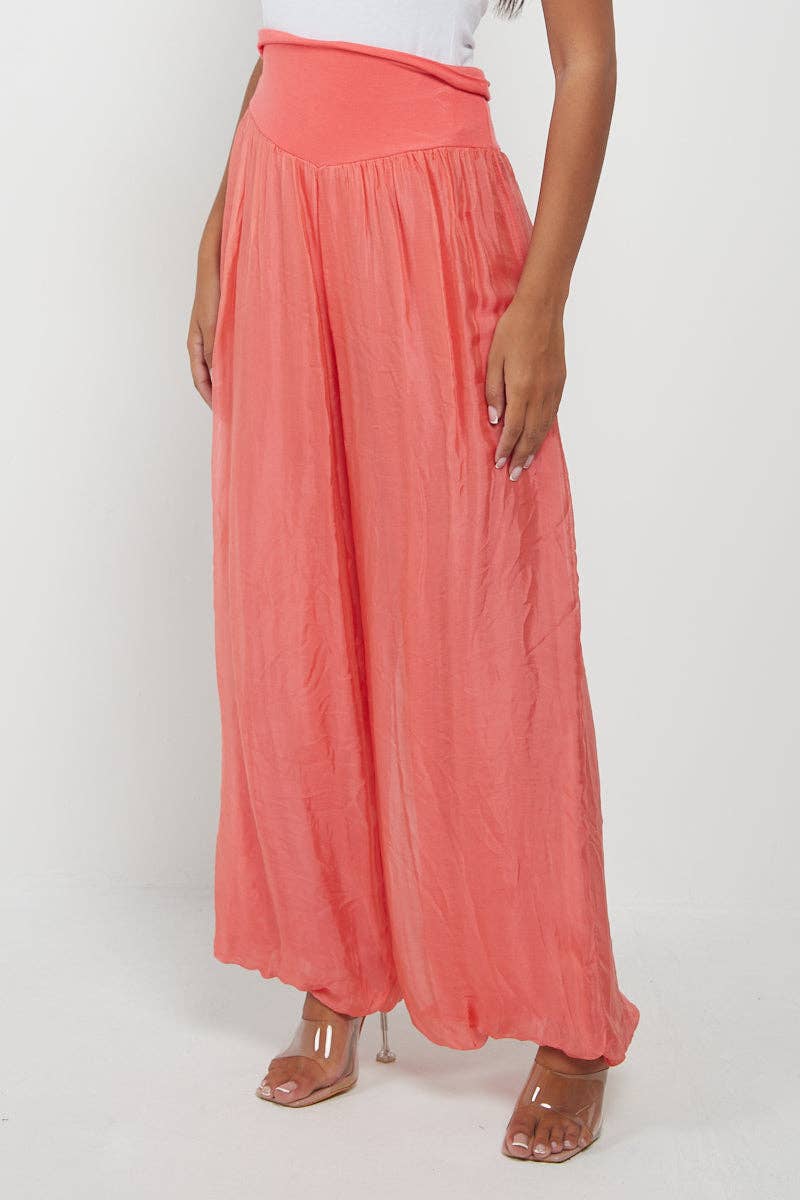 Italian Ladies Plain Wide Leg Silk Palazzo Trouser: Beige / One Size (UK 10-16) - Image 9