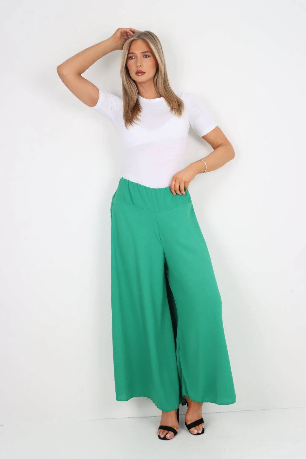 Italian Plain Palazzo Trousers: Beige / One Size (UK 10-24) - Image 17