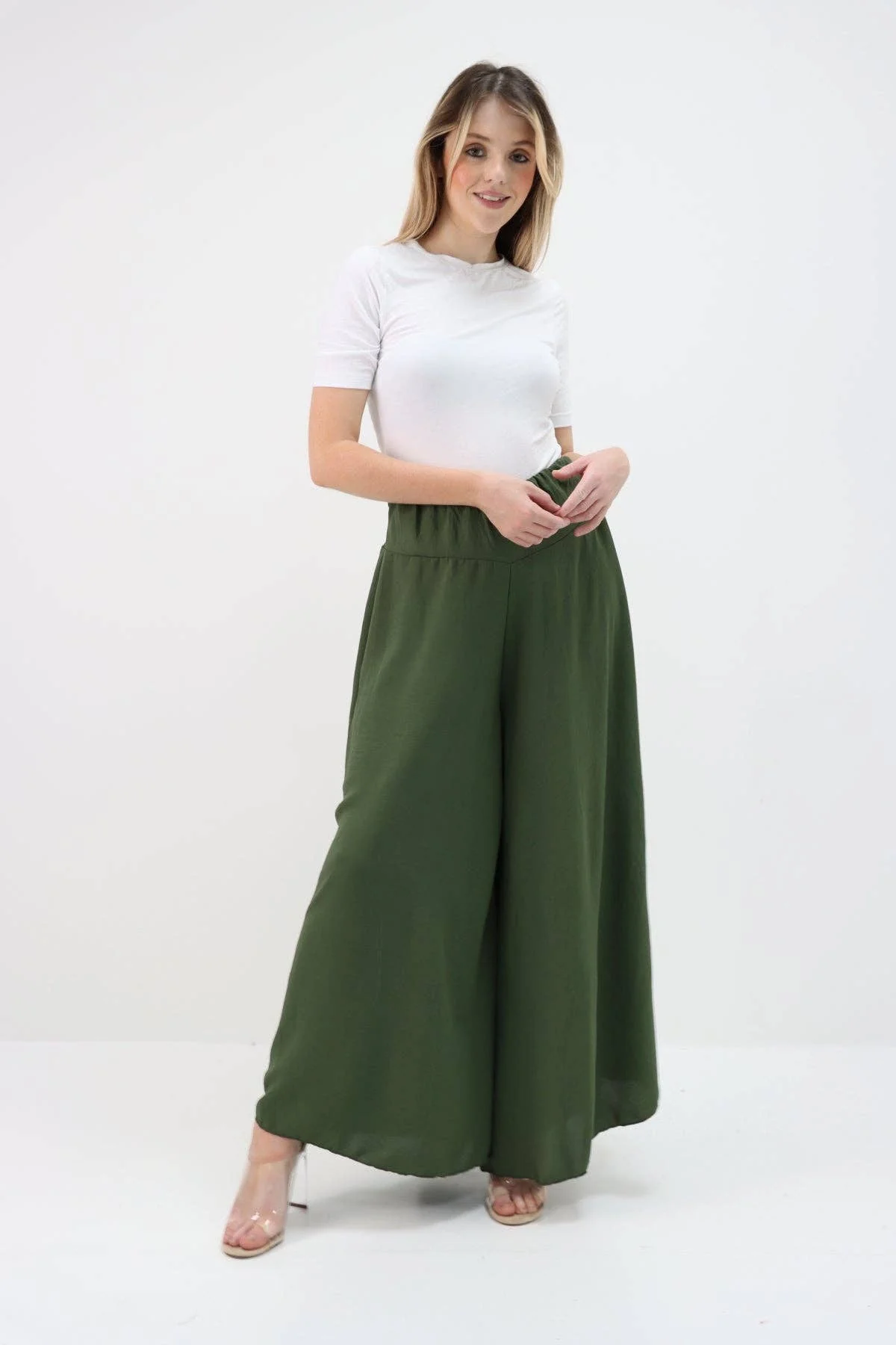 Italian Plain Palazzo Trousers: Beige / One Size (UK 10-24) - Image 20