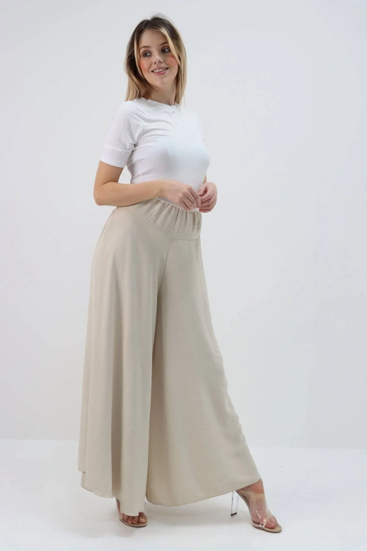 Italian Plain Palazzo Trousers: Beige / One Size (UK 10-24) - Image 5