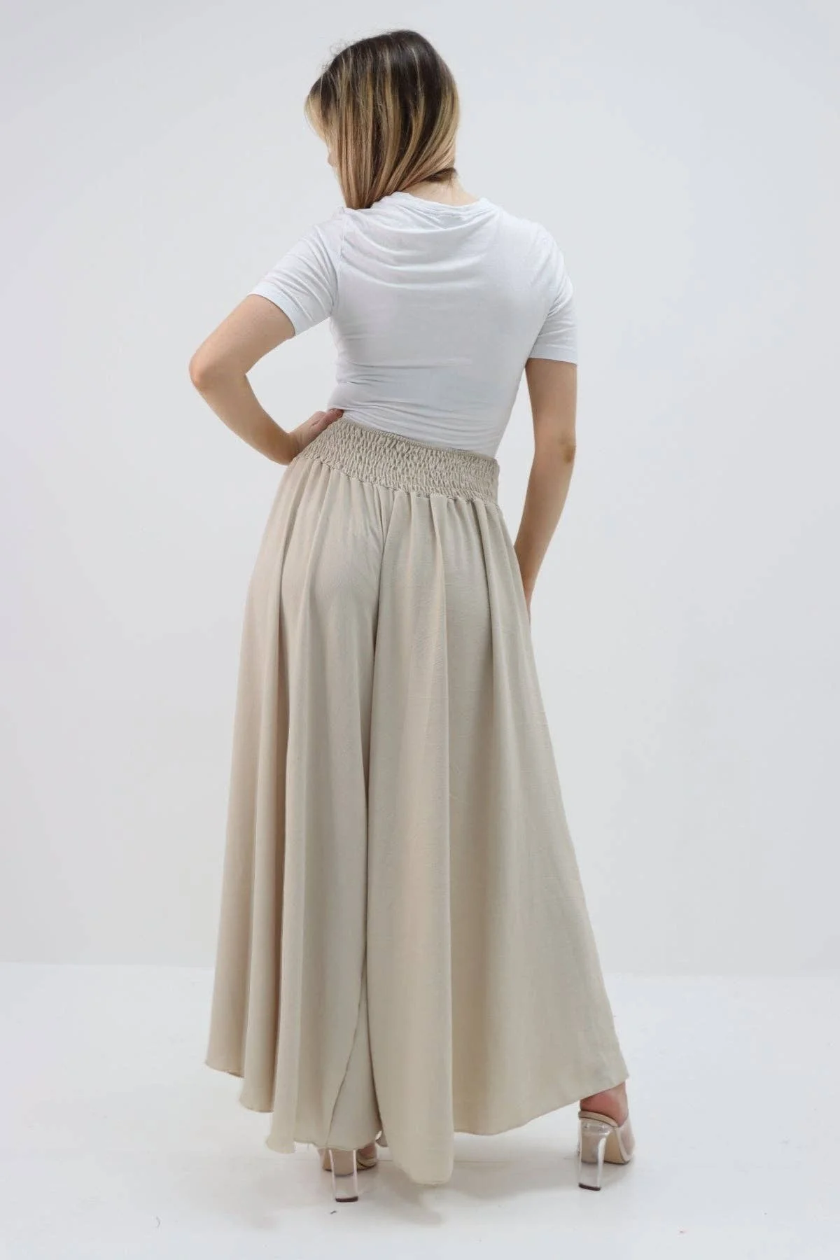 Italian Plain Palazzo Trousers: Beige / One Size (UK 10-24) - Image 6
